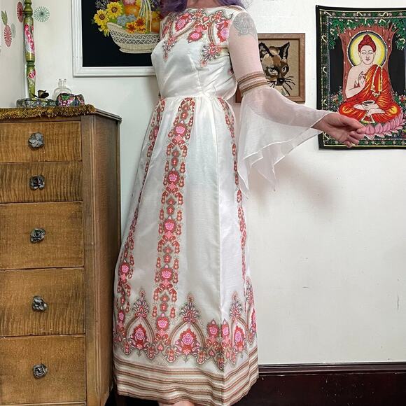 Vintage Alfred Shaheen Bell Sleeve Maxi Dress, 1970s Pink Paisley Gown Sz XS - Picture 7 of 10